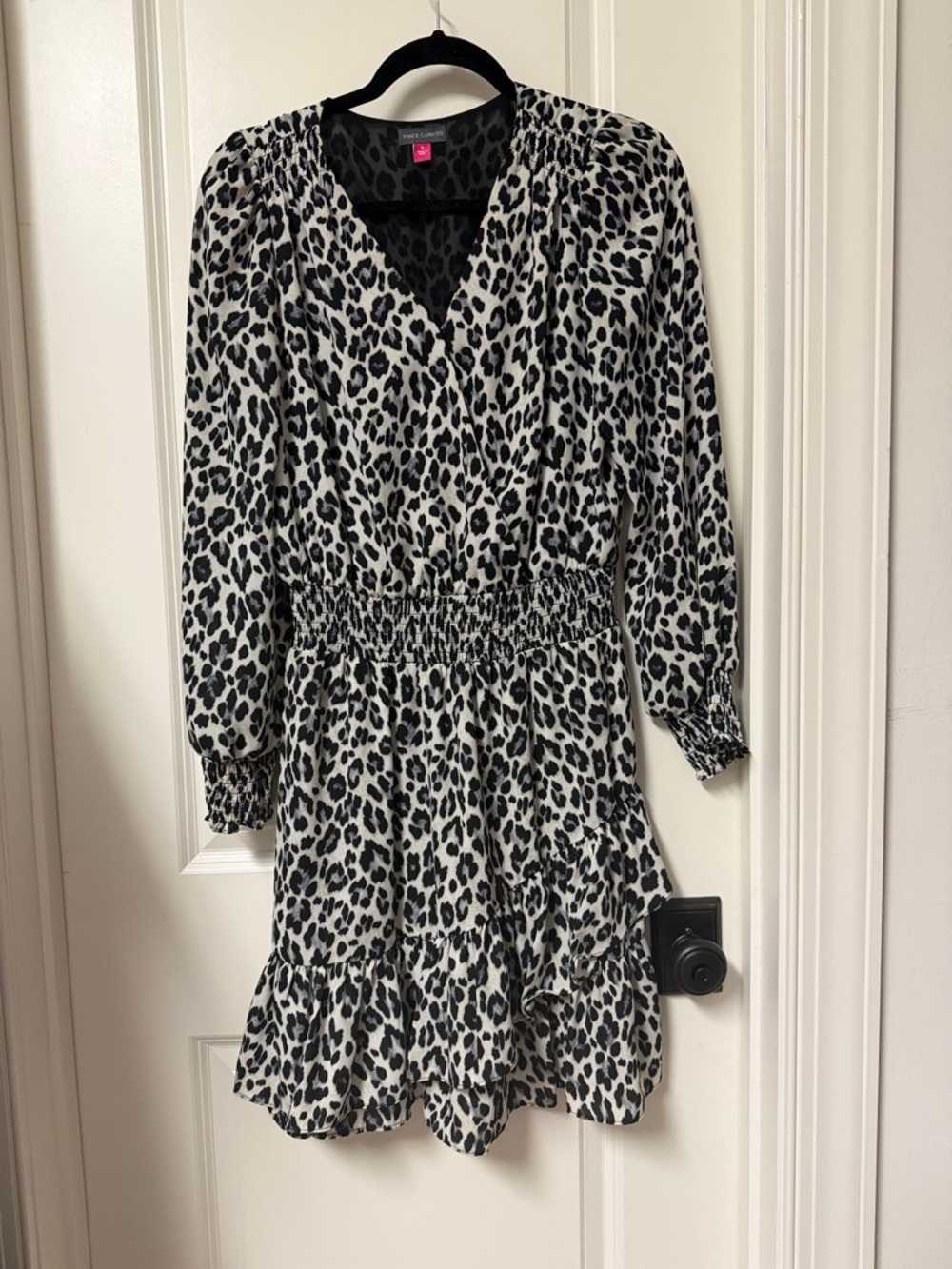 Vince Camuto Black & White Leopard Print Smocked Dress